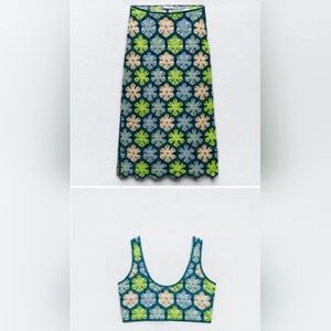Rare Zara 2 piece Floral Crochet Set Medium- knit crop top and midi skirt  NWOT